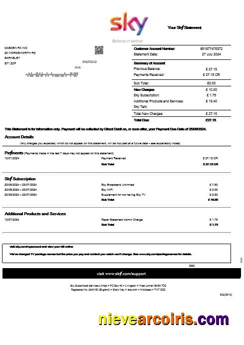 United Kingdom Sky business utility bill statement
